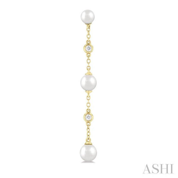 4 MM, 5 MM & 6 MM Round Shape Cultured Pearls and 1/10 Ctw Round Cut Diamond Station Long Earring in 14K Yellow Gold 4 MM, 5 MM & 6 MM Round Shape Cultured Pearls and 1/10 Ctw Round Cut Diamond Station Long Earring in 14K Yellow Gold