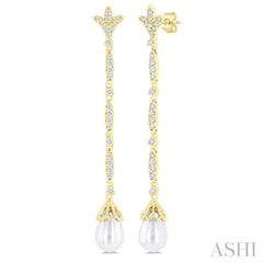 9X7 MM Marquise Link Teardrop Cultured Pearl and 1/2 Ctw Round Cut Diamond Long Earring in 14K Yellow Gold 9X7 MM Marquise Link Teardrop Cultured Pearl and 1/2 Ctw Round Cut Diamond Long Earring in 14K Yellow Gold