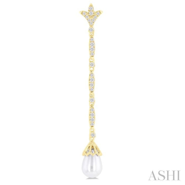 9X7 MM Marquise Link Teardrop Cultured Pearl and 1/2 Ctw Round Cut Diamond Long Earring in 14K Yellow Gold 9X7 MM Marquise Link Teardrop Cultured Pearl and 1/2 Ctw Round Cut Diamond Long Earring in 14K Yellow Gold