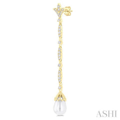 9X7 MM Marquise Link Teardrop Cultured Pearl and 1/2 Ctw Round Cut Diamond Long Earring in 14K Yellow Gold 9X7 MM Marquise Link Teardrop Cultured Pearl and 1/2 Ctw Round Cut Diamond Long Earring in 14K Yellow Gold