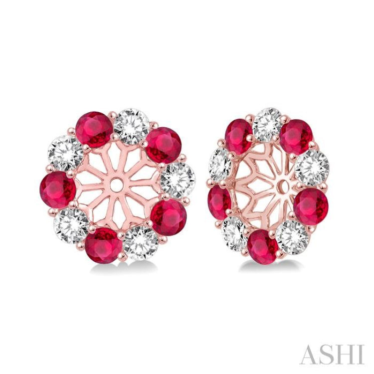2.3 MM Round Cut Ruby and 1/2 ctw Round Cut Diamond Precious Earrings Jacket in 14K Rose Gold 2.3 MM Round Cut Ruby and 1/2 ctw Round Cut Diamond Precious Earrings Jacket in 14K Rose Gold