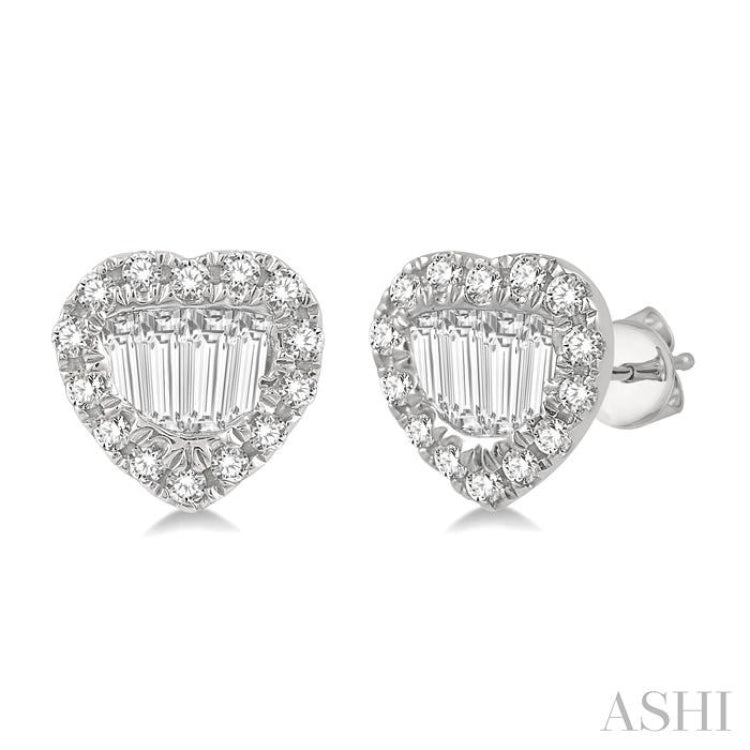 3/8 ctw Heart Shape Baguette Center & Round Cut Diamond Earrings in 14K White Gold 3/8 ctw Heart Shape Baguette Center & Round Cut Diamond Earrings in 14K White Gold