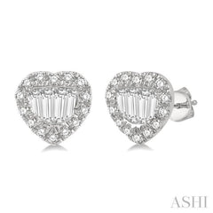 3/8 ctw Heart Shape Baguette Center & Round Cut Diamond Earrings in 14K White Gold 3/8 ctw Heart Shape Baguette Center & Round Cut Diamond Earrings in 14K White Gold