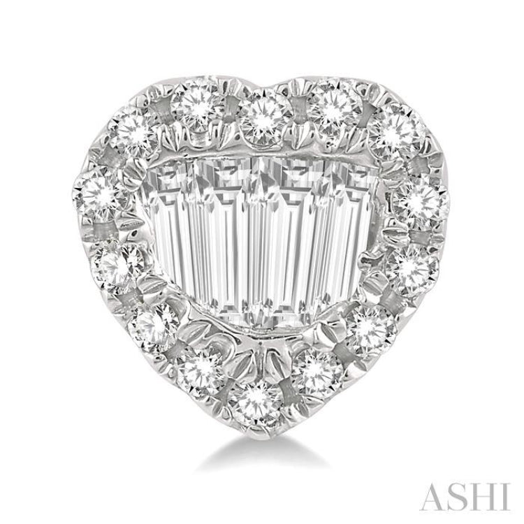 3/8 ctw Heart Shape Baguette Center & Round Cut Diamond Earrings in 14K White Gold 3/8 ctw Heart Shape Baguette Center & Round Cut Diamond Earrings in 14K White Gold