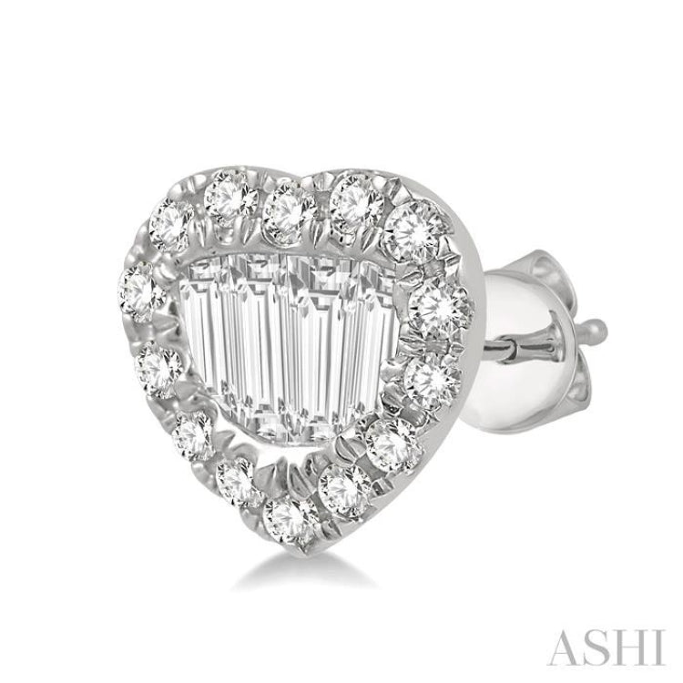 3/8 ctw Heart Shape Baguette Center & Round Cut Diamond Earrings in 14K White Gold 3/8 ctw Heart Shape Baguette Center & Round Cut Diamond Earrings in 14K White Gold