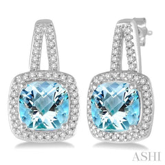 7x7 MM Cushion Shape Aquamarine and 1/4 ctw Round Cut Diamond Earrings in 10K White Gold 7x7 MM Cushion Shape Aquamarine and 1/4 ctw Round Cut Diamond Earrings in 10K White Gold
