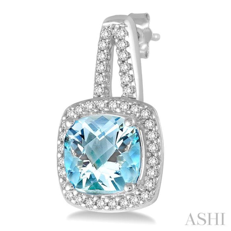 7x7 MM Cushion Shape Aquamarine and 1/4 ctw Round Cut Diamond Earrings in 10K White Gold 7x7 MM Cushion Shape Aquamarine and 1/4 ctw Round Cut Diamond Earrings in 10K White Gold