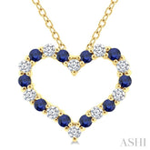 1.4 MM Round Cut Sapphire and 1/8 Ctw Open Heart Round Cut Diamond Precious Fashion Pendant With Chain in 14K Yellow Gold