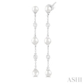 4 MM Round Shape Cultured Pearls and 1/20 Ctw Round Cut Diamond Station Long Earring in 14K White Gold