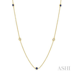 2.25 MM Sapphire and 1/4 Ctw Round Cut Diamond Precious Station Necklace in 14K Yellow Gold 2.25 MM Sapphire and 1/4 Ctw Round Cut Diamond Precious Station Necklace in 14K Yellow Gold