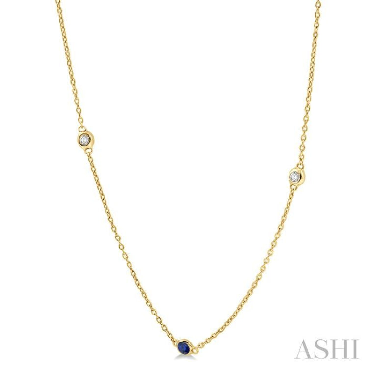 2.25 MM Sapphire and 1/4 Ctw Round Cut Diamond Precious Station Necklace in 14K Yellow Gold 2.25 MM Sapphire and 1/4 Ctw Round Cut Diamond Precious Station Necklace in 14K Yellow Gold