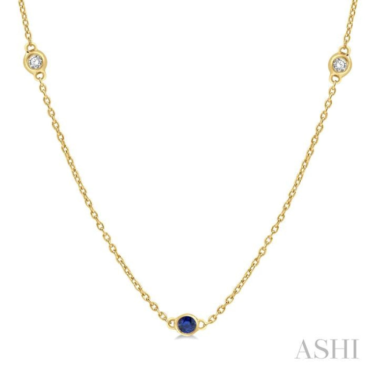 2.25 MM Sapphire and 1/4 Ctw Round Cut Diamond Precious Station Necklace in 14K Yellow Gold 2.25 MM Sapphire and 1/4 Ctw Round Cut Diamond Precious Station Necklace in 14K Yellow Gold