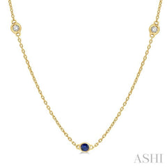 2.25 MM Sapphire and 1/4 Ctw Round Cut Diamond Precious Station Necklace in 14K Yellow Gold 2.25 MM Sapphire and 1/4 Ctw Round Cut Diamond Precious Station Necklace in 14K Yellow Gold
