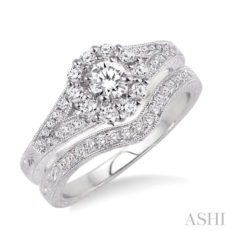 3/4 Ctw Diamond Wedding Set with 5/8 Ctw Round Cut Engagement Ring and 1/6 Ctw Wedding Band in 14K White Gold 3/4 Ctw Diamond Wedding Set with 5/8 Ctw Round Cut Engagement Ring and 1/6 Ctw Wedding Band in 14K White Gold