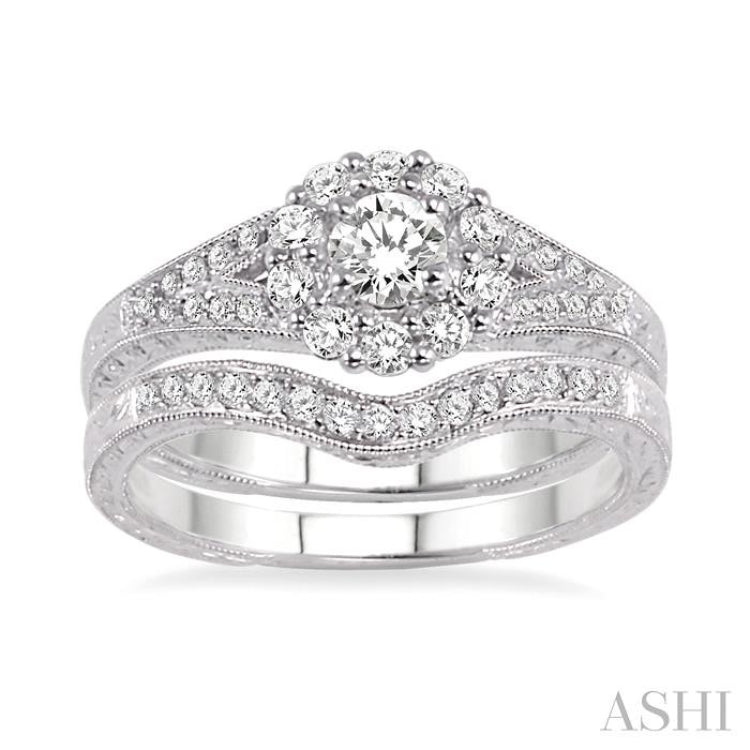 3/4 Ctw Diamond Wedding Set with 5/8 Ctw Round Cut Engagement Ring and 1/6 Ctw Wedding Band in 14K White Gold 3/4 Ctw Diamond Wedding Set with 5/8 Ctw Round Cut Engagement Ring and 1/6 Ctw Wedding Band in 14K White Gold