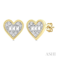 1/5 Ctw Petite Bezel Set Heart Shape Fusion Baguette and Round Cut Diamond Fashion Stud Earring in 10K Yellow Gold 1/5 Ctw Petite Bezel Set Heart Shape Fusion Baguette and Round Cut Diamond Fashion Stud Earring in 10K Yellow Gold