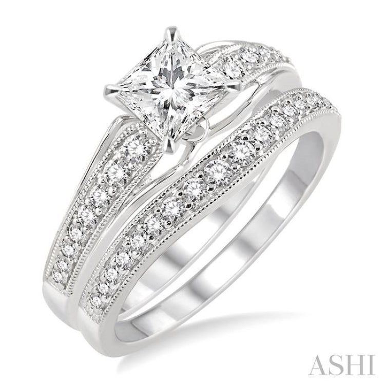 3/4 Ctw Diamond Wedding Set with 5/8 Ctw Princess Cut Engagement Ring and 1/5 Ctw Wedding Band in 14K White Gold 3/4 Ctw Diamond Wedding Set with 5/8 Ctw Princess Cut Engagement Ring and 1/5 Ctw Wedding Band in 14K White Gold