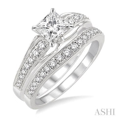 3/4 Ctw Diamond Wedding Set with 5/8 Ctw Princess Cut Engagement Ring and 1/5 Ctw Wedding Band in 14K White Gold 3/4 Ctw Diamond Wedding Set with 5/8 Ctw Princess Cut Engagement Ring and 1/5 Ctw Wedding Band in 14K White Gold