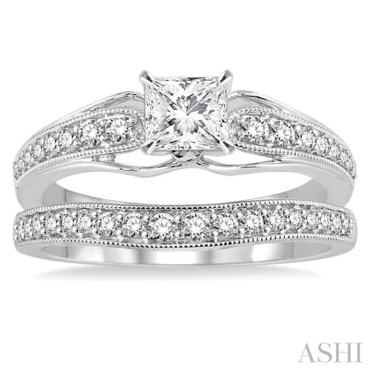 3/4 Ctw Diamond Wedding Set with 5/8 Ctw Princess Cut Engagement Ring and 1/5 Ctw Wedding Band in 14K White Gold 3/4 Ctw Diamond Wedding Set with 5/8 Ctw Princess Cut Engagement Ring and 1/5 Ctw Wedding Band in 14K White Gold
