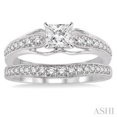 3/4 Ctw Diamond Wedding Set with 5/8 Ctw Princess Cut Engagement Ring and 1/5 Ctw Wedding Band in 14K White Gold 3/4 Ctw Diamond Wedding Set with 5/8 Ctw Princess Cut Engagement Ring and 1/5 Ctw Wedding Band in 14K White Gold