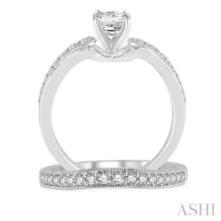 3/4 Ctw Diamond Wedding Set with 5/8 Ctw Princess Cut Engagement Ring and 1/5 Ctw Wedding Band in 14K White Gold 3/4 Ctw Diamond Wedding Set with 5/8 Ctw Princess Cut Engagement Ring and 1/5 Ctw Wedding Band in 14K White Gold