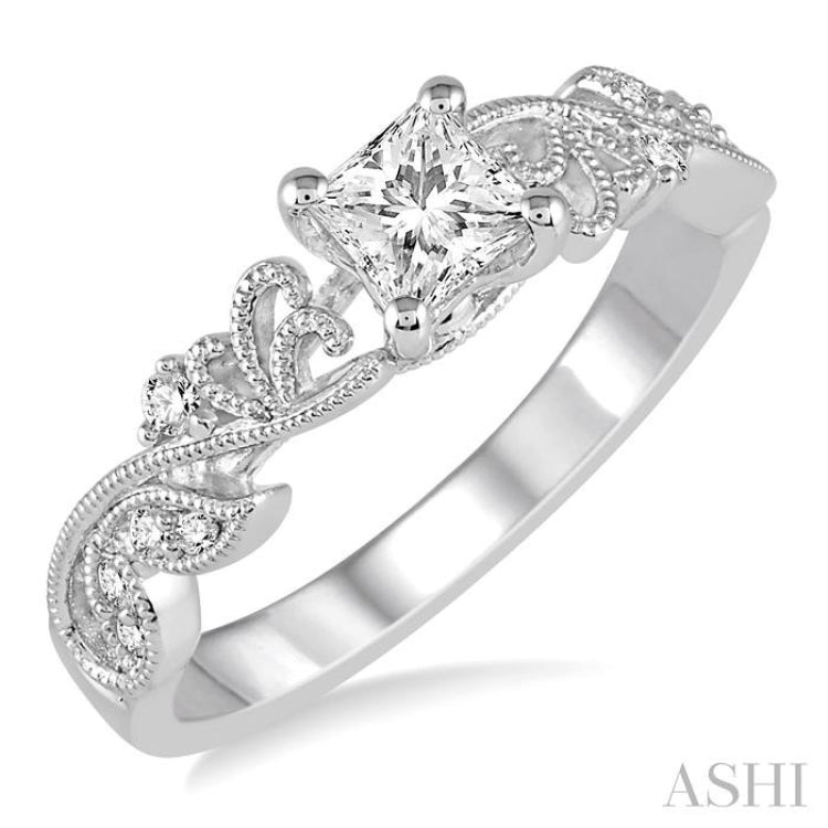 1/10 Ctw Princess Cut Center Semi-Mount Diamond Leaf Motif Engagement Ring in 14K White Gold 1/10 Ctw Princess Cut Center Semi-Mount Diamond Leaf Motif Engagement Ring in 14K White Gold