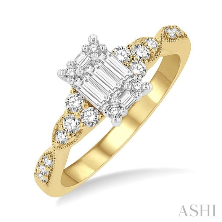 1/2 Ctw Criss Cross Shank Fusion Baguette and Round Cut Diamond Engagement Ring in 14K Yellow and White Gold 1/2 Ctw Criss Cross Shank Fusion Baguette and Round Cut Diamond Engagement Ring in 14K Yellow and White Gold