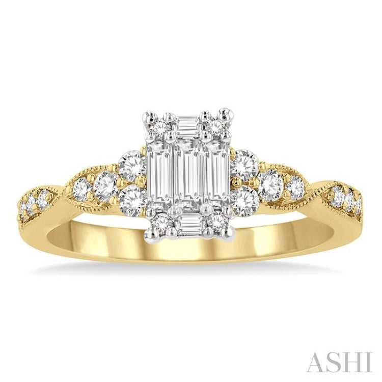 1/2 Ctw Criss Cross Shank Fusion Baguette and Round Cut Diamond Engagement Ring in 14K Yellow and White Gold 1/2 Ctw Criss Cross Shank Fusion Baguette and Round Cut Diamond Engagement Ring in 14K Yellow and White Gold