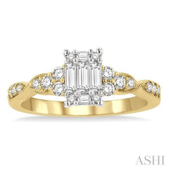 1/2 Ctw Criss Cross Shank Fusion Baguette and Round Cut Diamond Engagement Ring in 14K Yellow and White Gold 1/2 Ctw Criss Cross Shank Fusion Baguette and Round Cut Diamond Engagement Ring in 14K Yellow and White Gold