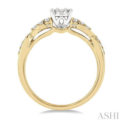 1/2 Ctw Criss Cross Shank Fusion Baguette and Round Cut Diamond Engagement Ring in 14K Yellow and White Gold 1/2 Ctw Criss Cross Shank Fusion Baguette and Round Cut Diamond Engagement Ring in 14K Yellow and White Gold
