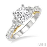 1/3 Ctw Cushion Shape Tri Mount Round Cut Diamond Semi-Mount Engagement Ring in 14K White and Yellow Gold