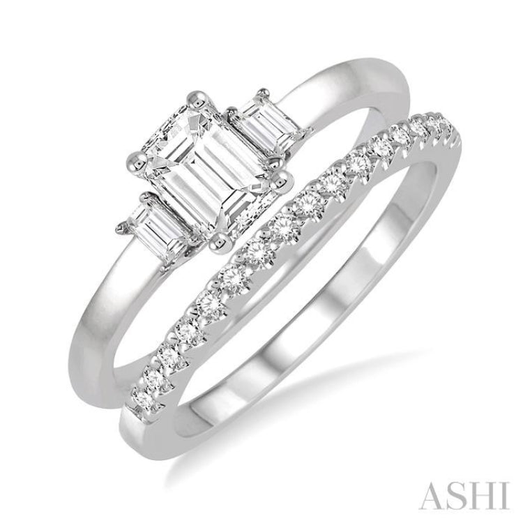 3/4 Ctw Diamond Wedding Set With 5/8 Ctw Octagonal & Baguette Engagement Ring and 1/8 Ctw Round Cut Diamond Wedding Band in 14K White Gold 3/4 Ctw Diamond Wedding Set With 5/8 Ctw Octagonal & Baguette Engagement Ring and 1/8 Ctw Round Cut Diamond Wedding Band in 14K White Gold