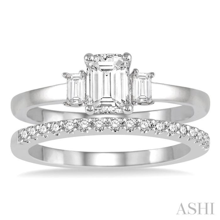 3/4 Ctw Diamond Wedding Set With 5/8 Ctw Octagonal & Baguette Engagement Ring and 1/8 Ctw Round Cut Diamond Wedding Band in 14K White Gold 3/4 Ctw Diamond Wedding Set With 5/8 Ctw Octagonal & Baguette Engagement Ring and 1/8 Ctw Round Cut Diamond Wedding Band in 14K White Gold