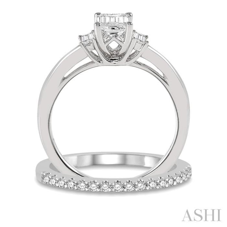 3/4 Ctw Diamond Wedding Set With 5/8 Ctw Octagonal & Baguette Engagement Ring and 1/8 Ctw Round Cut Diamond Wedding Band in 14K White Gold 3/4 Ctw Diamond Wedding Set With 5/8 Ctw Octagonal & Baguette Engagement Ring and 1/8 Ctw Round Cut Diamond Wedding Band in 14K White Gold