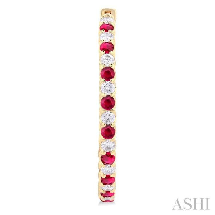 2.3 MM Round Ruby and 1 1/2 Ctw Round Cut Diamond Inside & Outside Alternating Precious Hoop Earrings in 14K Yellow Gold 2.3 MM Round Ruby and 1 1/2 Ctw Round Cut Diamond Inside & Outside Alternating Precious Hoop Earrings in 14K Yellow Gold