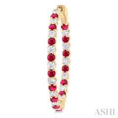 2.3 MM Round Ruby and 1 1/2 Ctw Round Cut Diamond Inside & Outside Alternating Precious Hoop Earrings in 14K Yellow Gold 2.3 MM Round Ruby and 1 1/2 Ctw Round Cut Diamond Inside & Outside Alternating Precious Hoop Earrings in 14K Yellow Gold