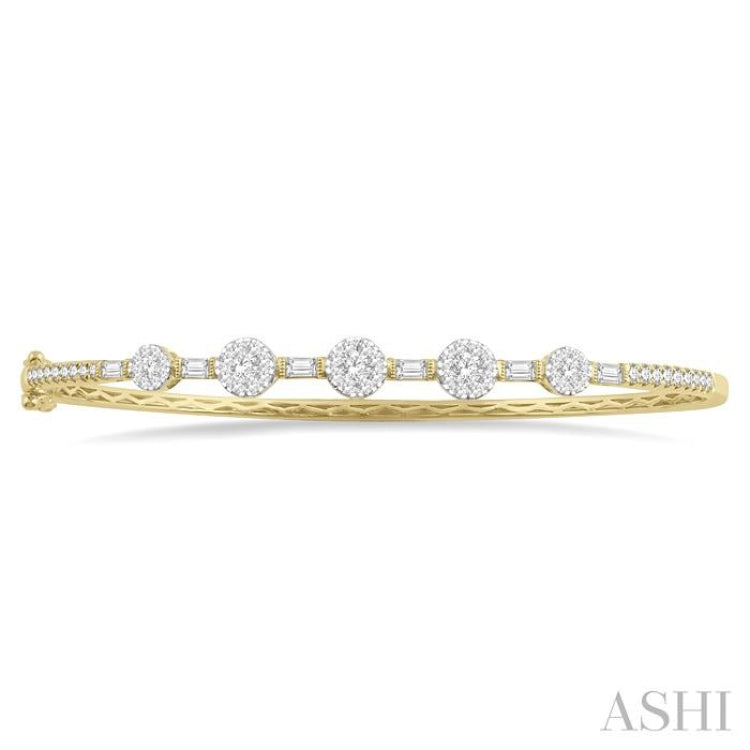 1 1/10 Ctw Lovebright Circular Mounts Baguette & Round Cut Diamond Bangle in 14K Yellow and White Gold 1 1/10 Ctw Lovebright Circular Mounts Baguette & Round Cut Diamond Bangle in 14K Yellow and White Gold