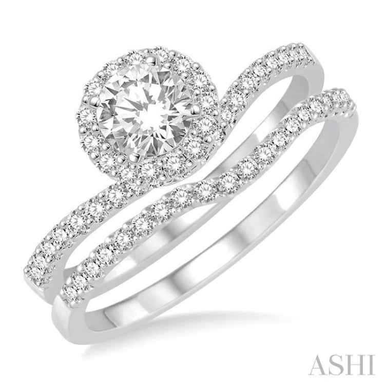 3/4 Ctw Diamond Wedding Set with 1/2 Ctw Round Cut Engagement Ring and 1/6 Ctw Wedding Band in 14K White Gold 3/4 Ctw Diamond Wedding Set with 1/2 Ctw Round Cut Engagement Ring and 1/6 Ctw Wedding Band in 14K White Gold