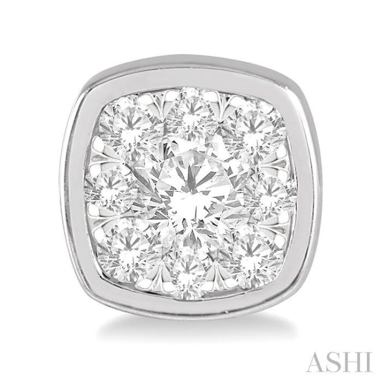 3/4 Ctw Cushion Shape Round Cut Diamond Lovebright Bezel Stud Earring in 14K White Gold 3/4 Ctw Cushion Shape Round Cut Diamond Lovebright Bezel Stud Earring in 14K White Gold