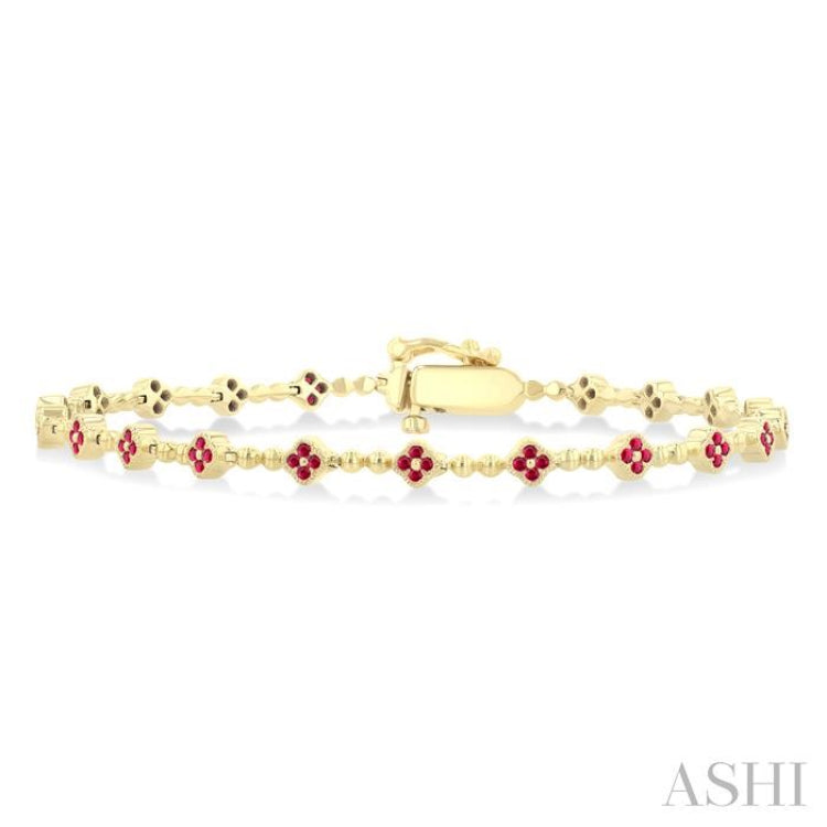 1 MM Round Cut Ruby Clover and Bead Ball Link Precious Tennis Bracelet in 14K Yellow Gold 1 MM Round Cut Ruby Clover and Bead Ball Link Precious Tennis Bracelet in 14K Yellow Gold