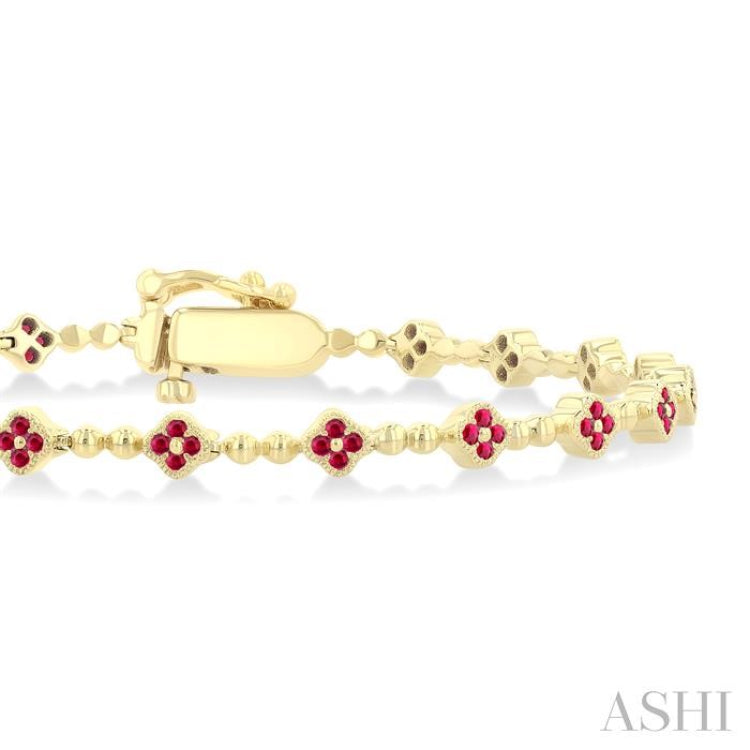 1 MM Round Cut Ruby Clover and Bead Ball Link Precious Tennis Bracelet in 14K Yellow Gold 1 MM Round Cut Ruby Clover and Bead Ball Link Precious Tennis Bracelet in 14K Yellow Gold