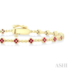 1 MM Round Cut Ruby Clover and Bead Ball Link Precious Tennis Bracelet in 14K Yellow Gold 1 MM Round Cut Ruby Clover and Bead Ball Link Precious Tennis Bracelet in 14K Yellow Gold
