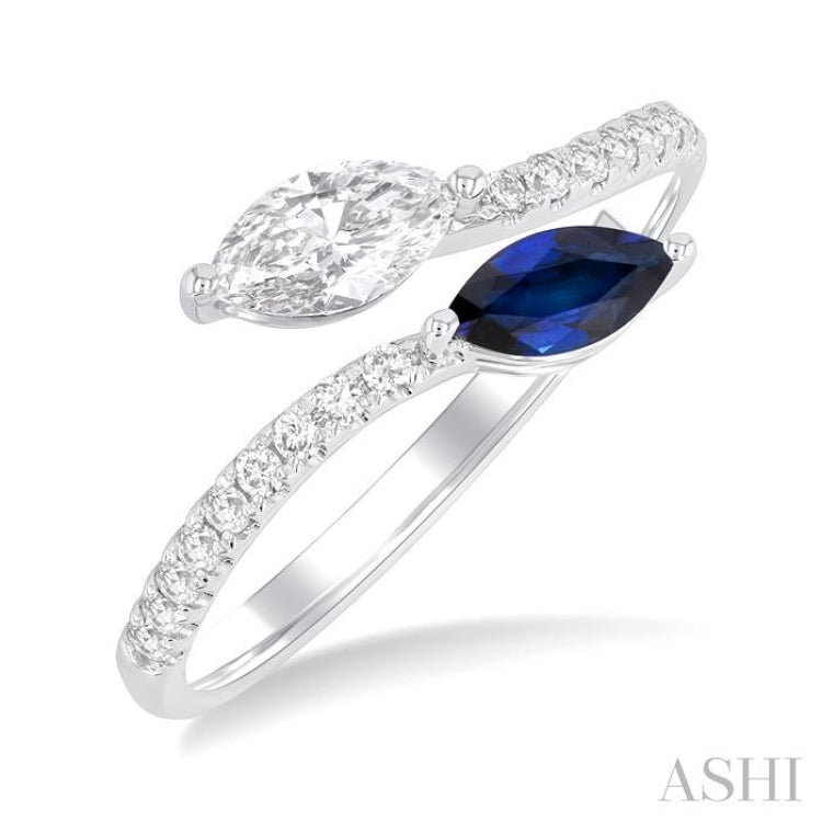 6x3 MM Marquise Sapphire and 1/2 Ctw Marquise Cut Diamond Toi Et Moi Precious Bypass Open Ring in 14K White Gold 6x3 MM Marquise Sapphire and 1/2 Ctw Marquise Cut Diamond Toi Et Moi Precious Bypass Open Ring in 14K White Gold