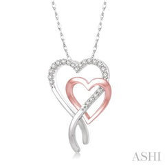 1/6 Ctw Interlocked Two Tone Double Heart Round Cut Diamond Pendant With Link Chain in 10K White and Rose Gold 1/6 Ctw Interlocked Two Tone Double Heart Round Cut Diamond Pendant With Link Chain in 10K White and Rose Gold