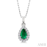 5x3 MM Pear Shape Emerald and 1/20 Ctw Single Cut Diamond Halo Precious Pendant with Chain in 10K White Gold