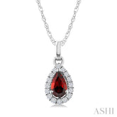 5x3 MM Pear Shape Garnet and 1/20 Ctw Round Cut Diamond Halo Semi-Precious Pendant with Chain in 10K White Gold