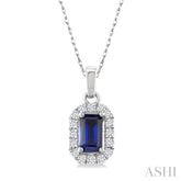 5x3 MM Octagonal Shape Sapphire and 1/20 Ctw Single Cut Diamond Halo Precious Pendant with Chain in 10K White Gold