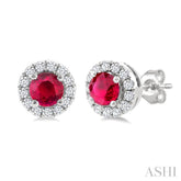 3.25 MM Round Ruby and 1/10 Ctw Single Cut Diamond Halo Precious Stud Earrings in 10K White Gold