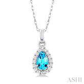 5x3 MM Pear Shape Blue Topaz and 1/20 Ctw Single Cut Diamond Halo Semi-Precious Pendant with Chain in 10K White Gold