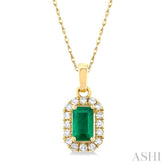 5x3 MM Octagonal Shape Emerald and 1/20 Ctw Single Cut Diamond Halo Precious Pendant with Chain in 14K Yellow Gold